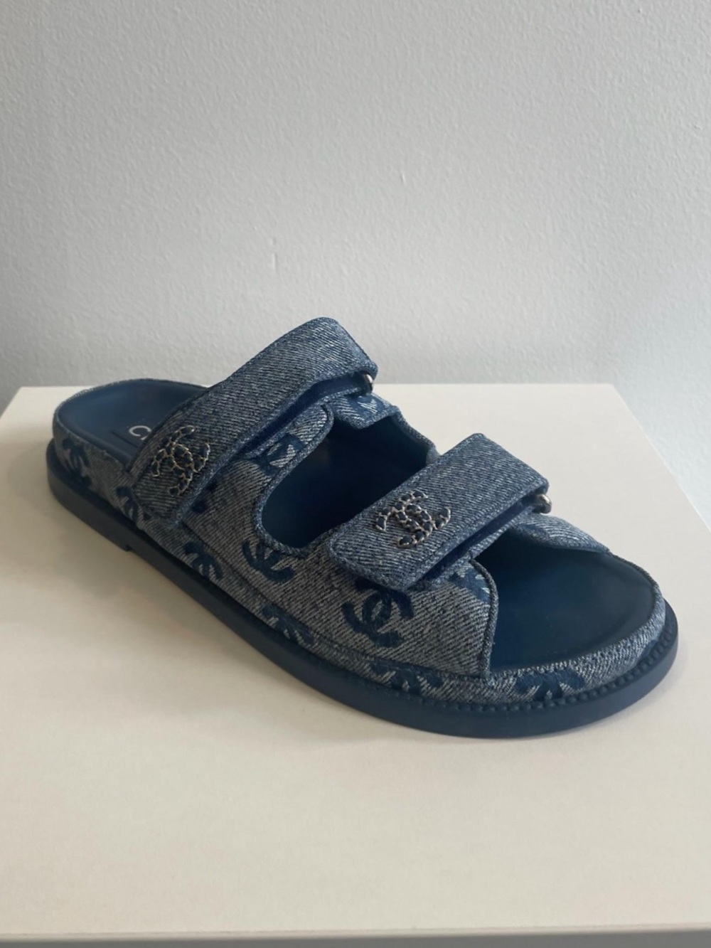 CHANEL Denim Blue Double-Strap Slide Sandal
